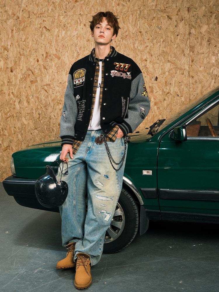 Herren Flockstickerei Bomberjacke für Herbst/Winter – Lockere Passform Amerikanischer High-Street-Stil