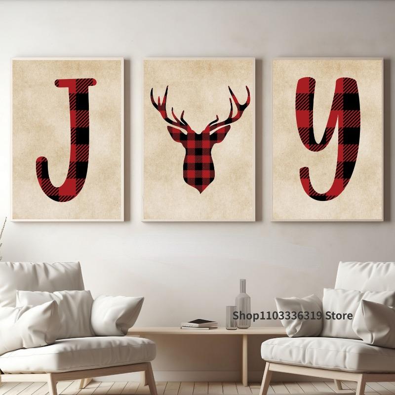 Vintage Joy Christmas Holiday Deer Red Plaid Style Art Poster Canvas Painting Wall Prints Picture for Living Room Home Deco