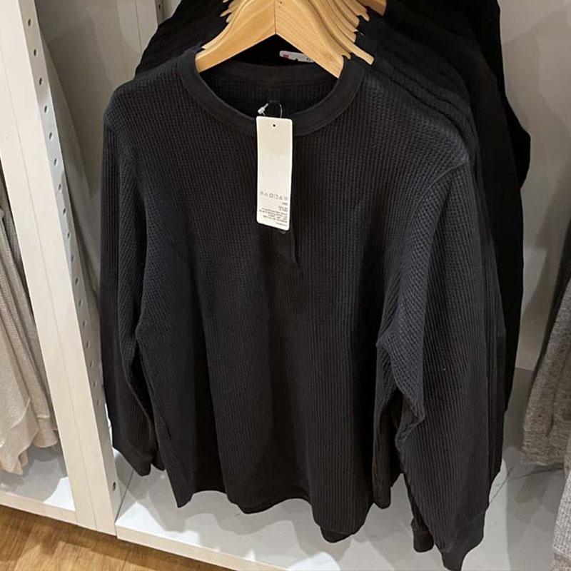 Men Women Long Sleeve Pullover T Shirt Waffle Knit Henley Neck