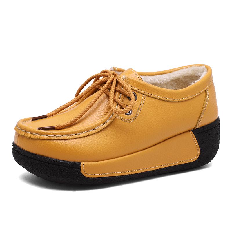 Women Genuine Leather Platform Shoes Winter Plush Walking Shoes 5cm High Wedges Heels Shoes Elegant Warm Mother Shoes
