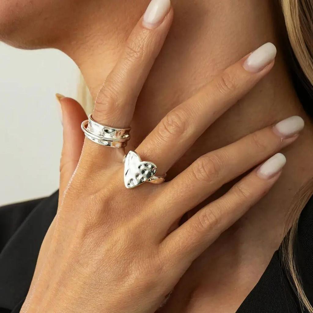 Salircon 2Pcs/Set Punk Geometric Unsmooth Love Heart Open Rings Women Simple Silver Color Finger Ring Party Jewelry Accessories