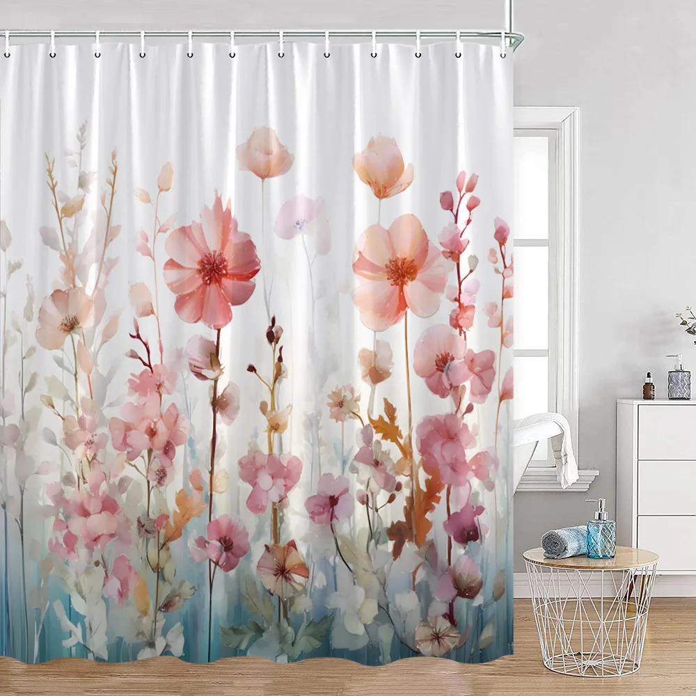Watercolor Flowers Floral Shower Curtains Butterfly Greenery Plants Nature Home Decor for Bathroom Polyester Fabric Bath Curtain