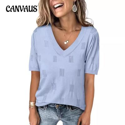 Pulôver feminino verão decote em V leve malha fina manga curta suéter camiseta top