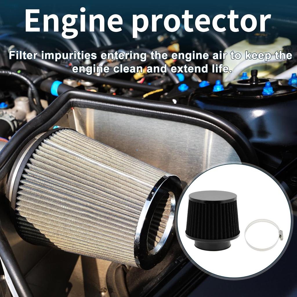 Engine Air Filter 76mm High Flow Cylinder Clamp-On Cold Air Intake Filter Closed-Top Cool Air Filter Cleaner 1 Clamp Black for Car