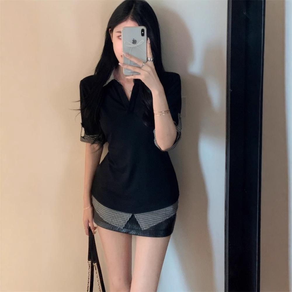 

Модная футболка слим-фит в стиле колледжа, пэчворк, клетка, из двух частей S Premium чёрный