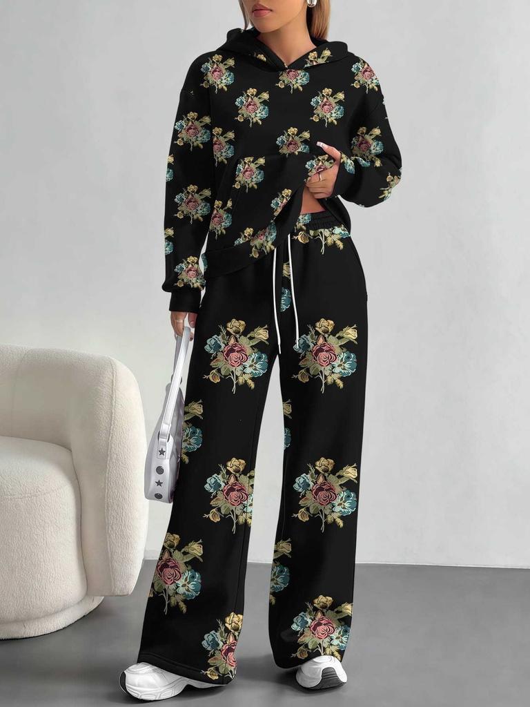 Retro Pattern Splicing European and American Autumn and Winter 1116 Casual Long-sleeved Suit Women's Hooded Sweater Trousers Cover