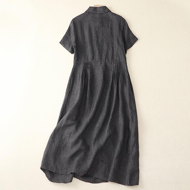 2025 summer new temperament cotton and linen dress women, retro loose solid color shirt skirt
