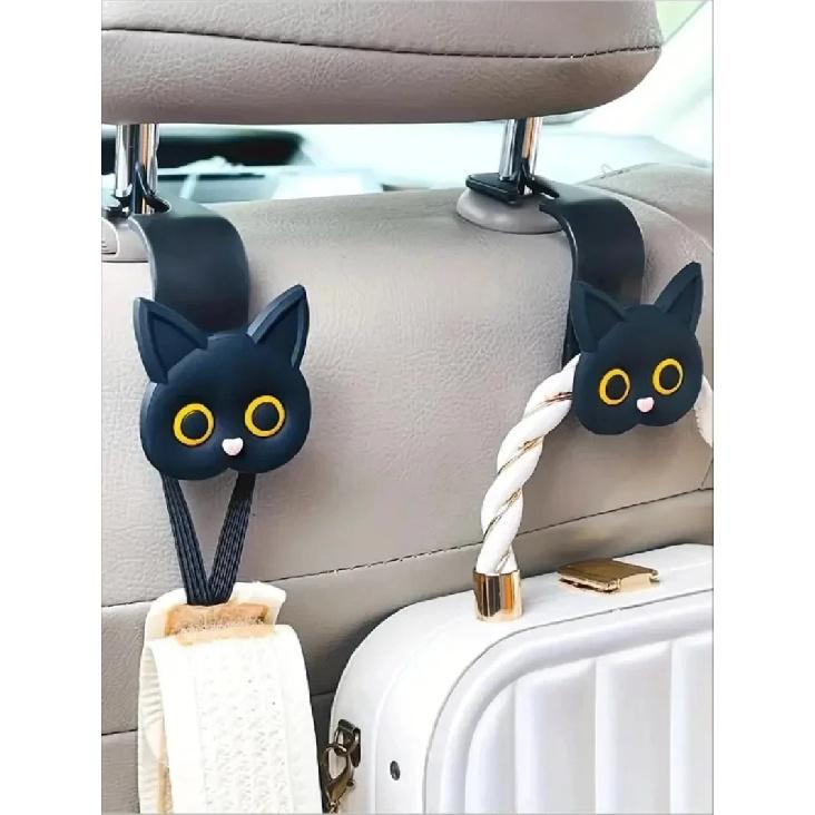 2PCS Adorable 3D Cartoon Cat Car Headrest Hooks - Universal Vehicle Storage for Handbags Purses Coats