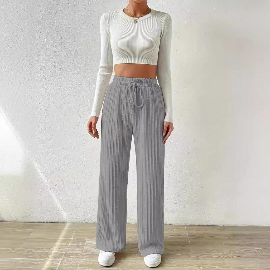 2024 Women's Textured Knit Wide-Leg Pants - Elastic High Waist, Tie Waist, Solid Color, Casual Loose Fit