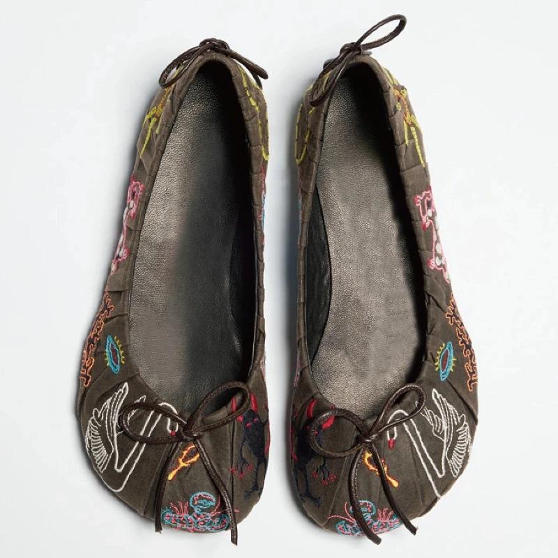 Retro Embroidery Designer Ballet Flats Women Bowknot Shallow Comfort Footwear Female Fashion Round Toe Mary Jane Shoes Women