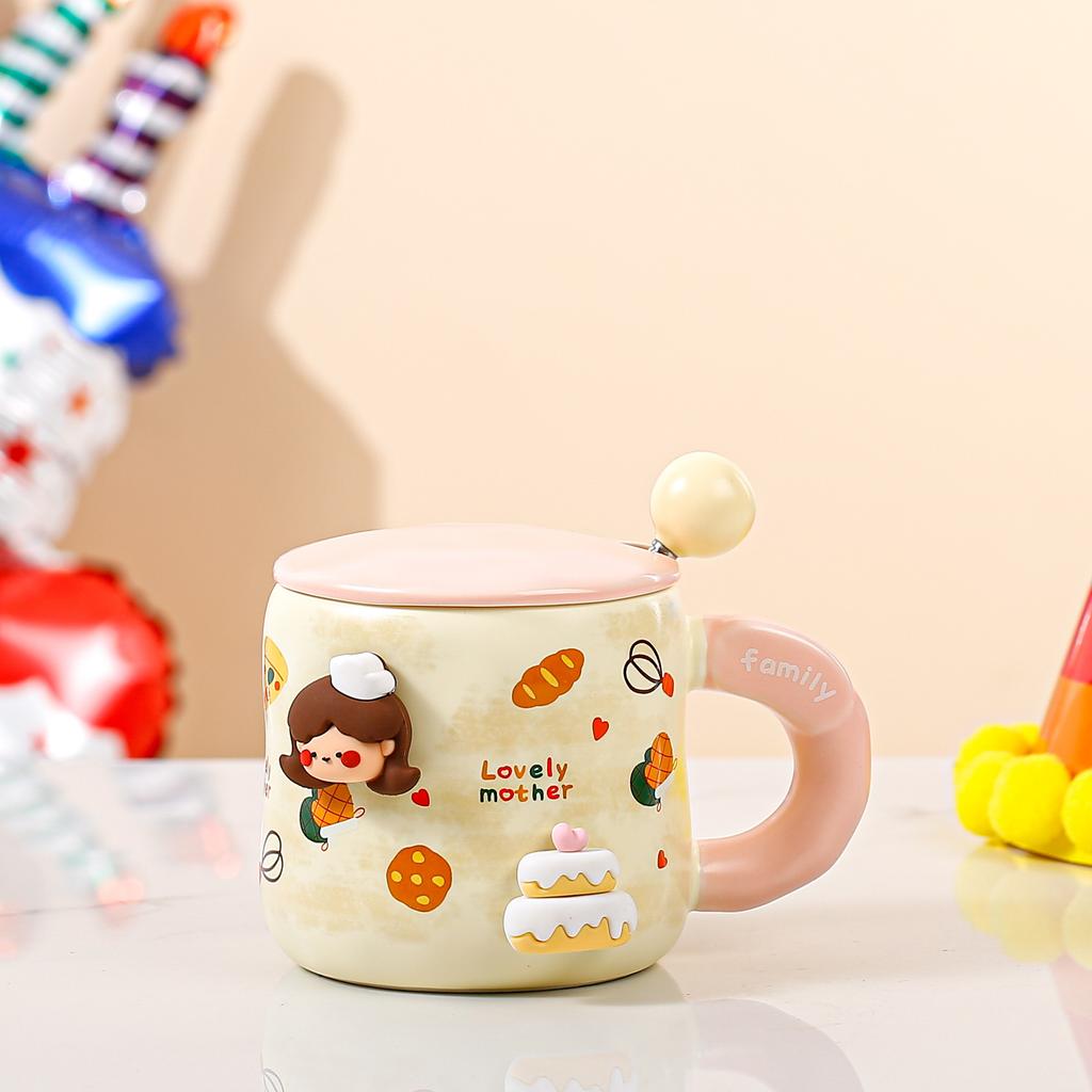 Creative Cartoon Ceramic Cup with Lid and Spoon Family Mug Ins Fengshui Cup for Girls Large Capacity