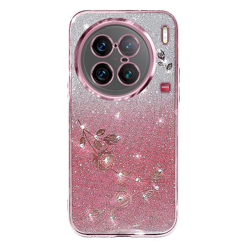 KADEM For vivo X90 Pro 5G Rhinestone Decor Flower Pattern Soft TPU Back Cover Gradient Glitter Powder Protective Case