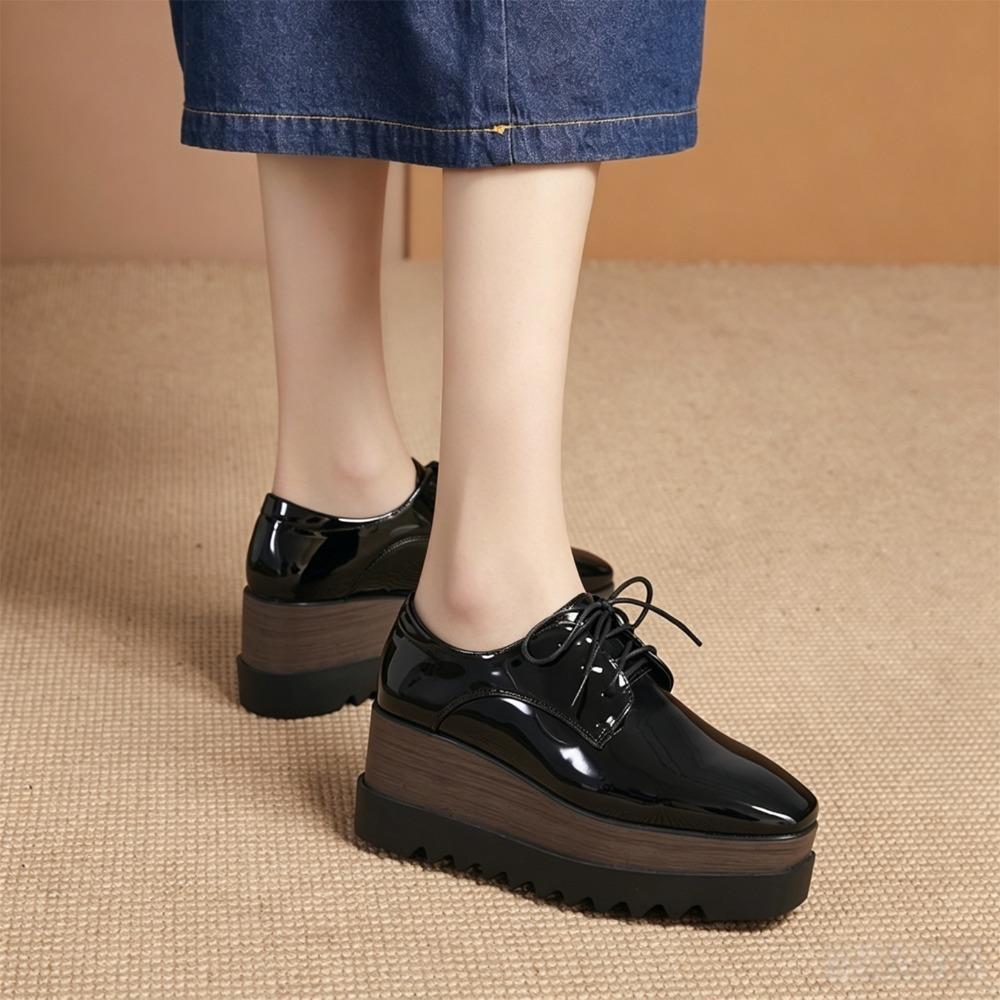 HZB‑761‑8 2026 New Women Patent Leather Lace‑Up Wedge Platform Pumps, British Style Soft‑Sole Versatile Thick‑Sole Casual Leather Shoes