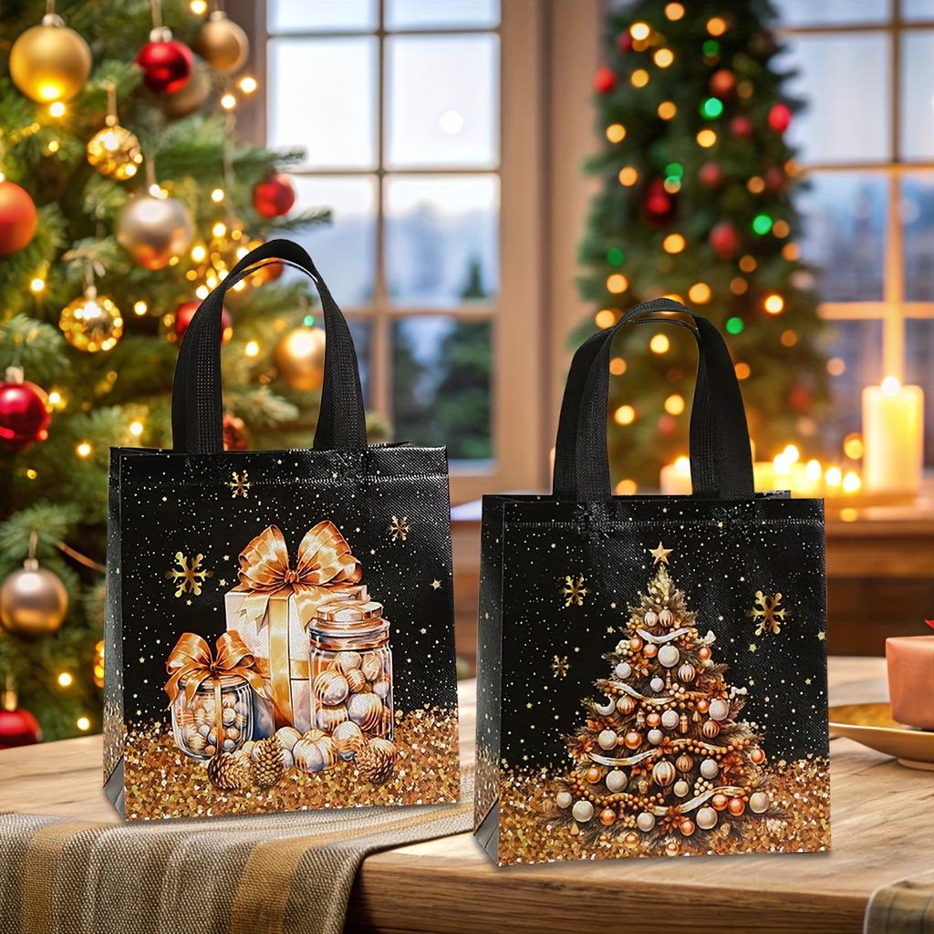 4/12pcs Festive Christmas Gift Bags with Snowman, Tree, Ornament Designs, Black Tote Bags for Shopping -Christmas Gift Bags