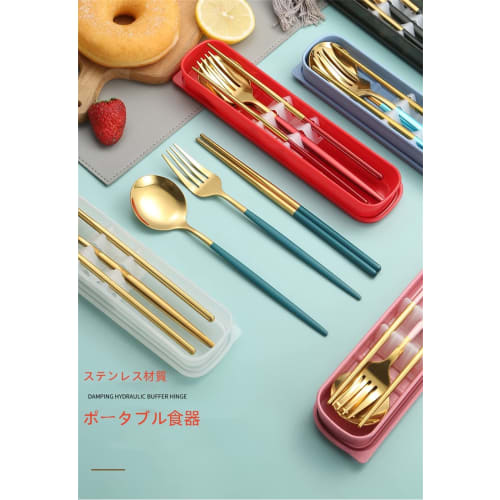 Stainless steel 3-piece cutlery set featuring chopsticks, fork, and spoon, with case. Portable and hygienic, perfect for students and adults, perfect