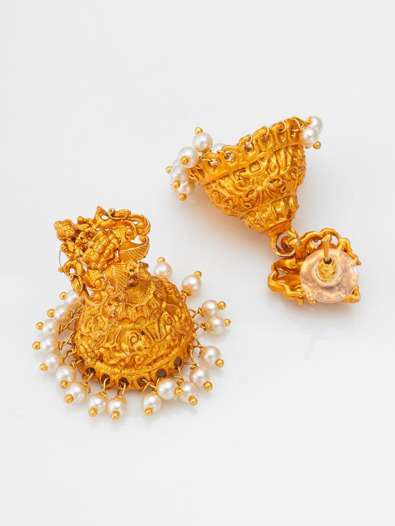 Gold-Plated White Stone-Studded & Beaded Temple Jewellery Set
