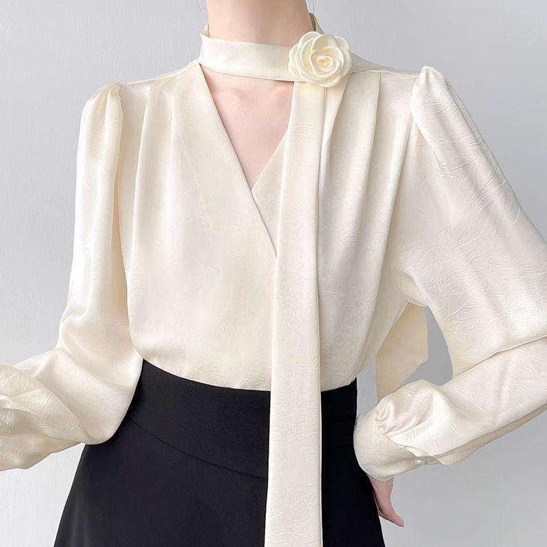 

Рубашка из французского атласа с длинными рукавами, женская, с розовой лентой, темпераментный топ с V-образным вырезом, стиль для поездок на работу, элегантная женская одежда M абрикосовый