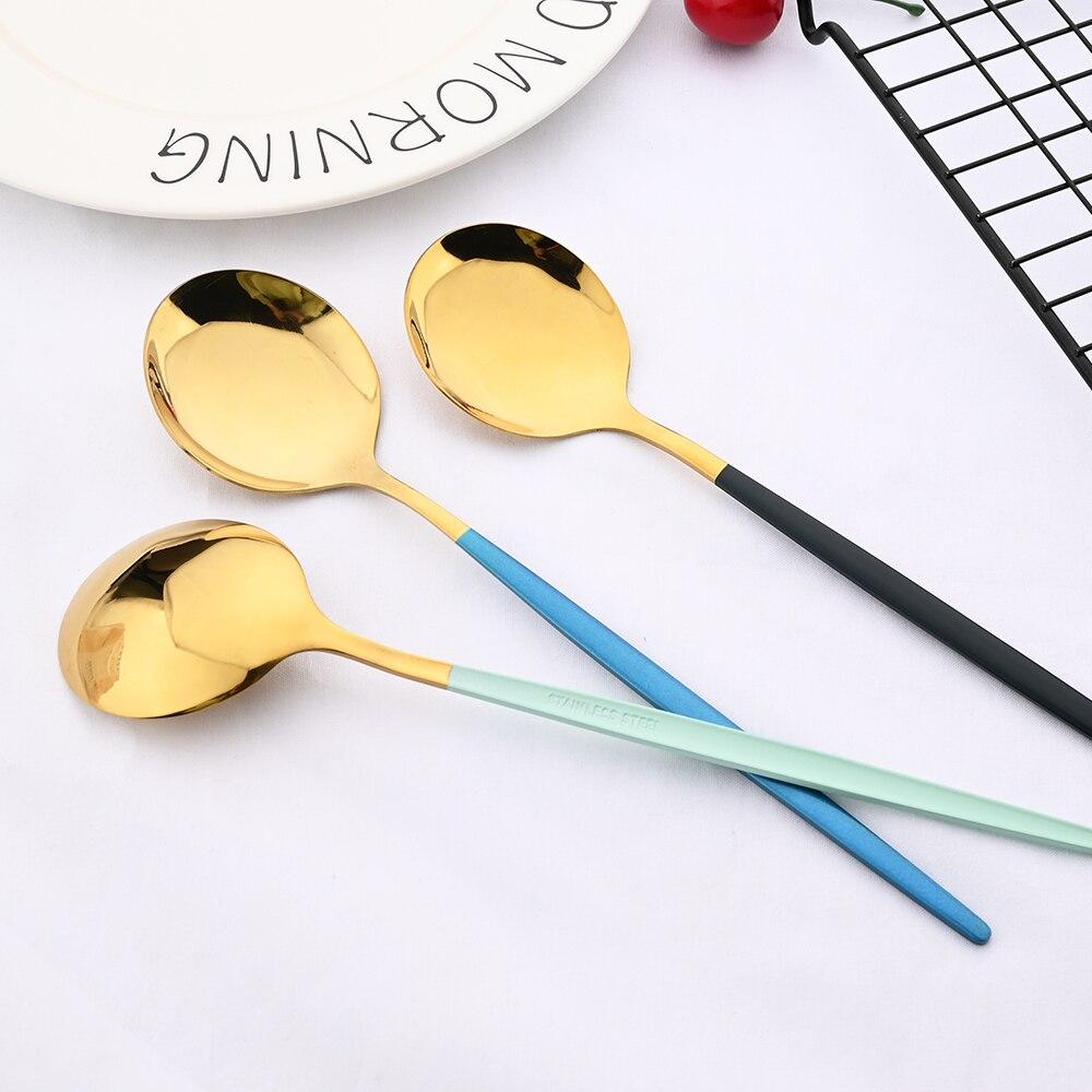 6Pcs Colorful Dinnerware Cutlery Spoons Set Long Handle Mirror Stainless Steel Spoon Flatware Tableware Kitchen Accessories