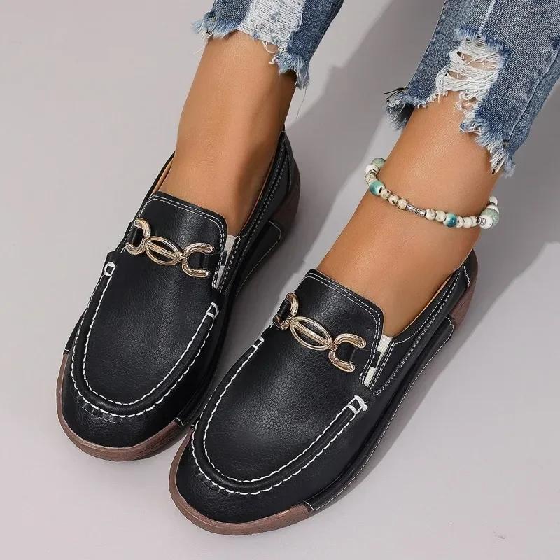 Female Shoes on Sale 2025 Brand Slip on Women's Flats Autumn Round Toe Solid Metal Decoration Low-heeled Rubber Daily Loafers