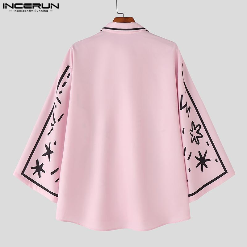 INCERUN Oversized Summer Men Lapel Neck 3/4 Sleeve Cartoon Print Casual Loose Shirts