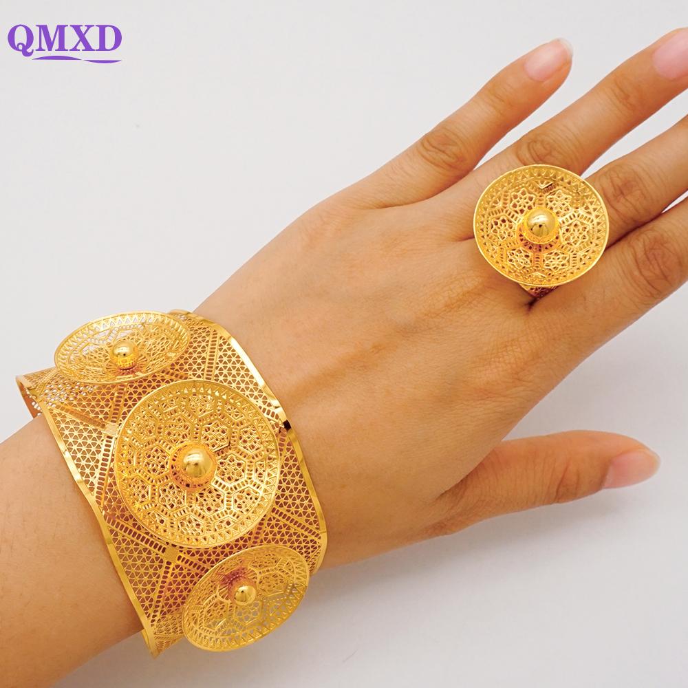 Dubai Gold Color Bangle With Ring For Women Charm Chain Cuff Bracelet Indian Bracelet Arabic France Bridal Wedding Jewelry Gifts
