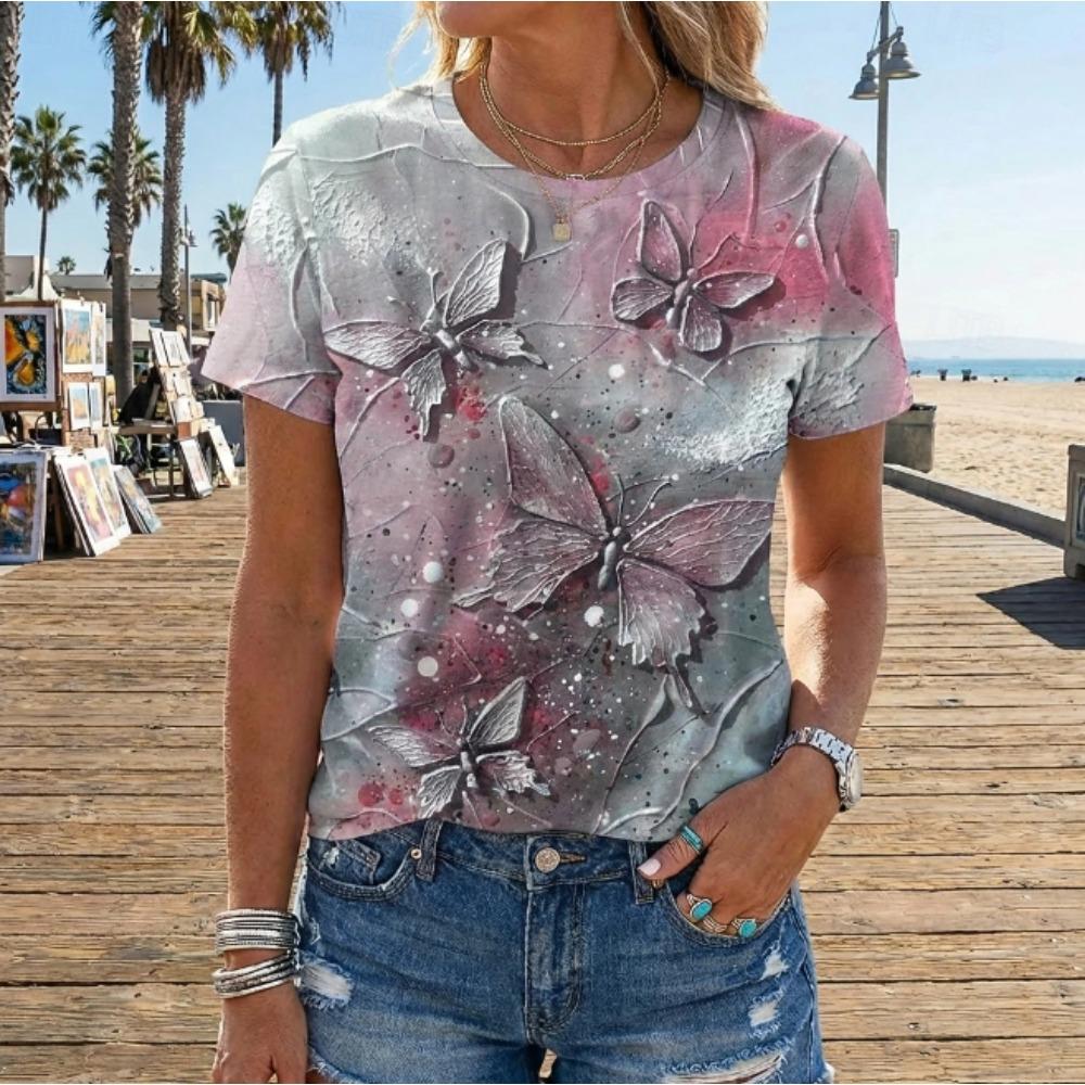 Fashion Women Retro Creative Butterfly Pattern Print T Shirt Funny Casual O-neck Short Sleeves T-shirt Summer Female Tee Shirt
