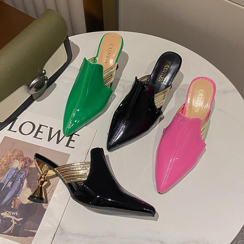 New High Heel Slippers Pointed Toe Shoes Woman Elegant Mules Shoes Women Black Green Metal Heel Outdoors Women Slippers Big Size