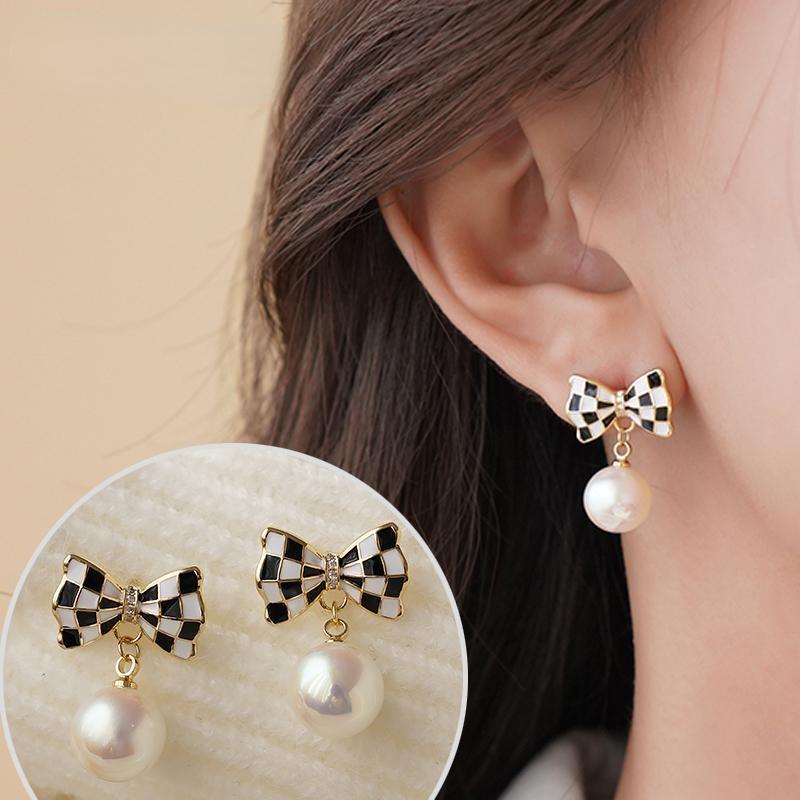 

Классические ювелирные изделия для свадебной вечеринки, роскошные черные, белые серьги-гвоздики с бантом в сетку, милые серьги с искусственным жемчугом для женщин