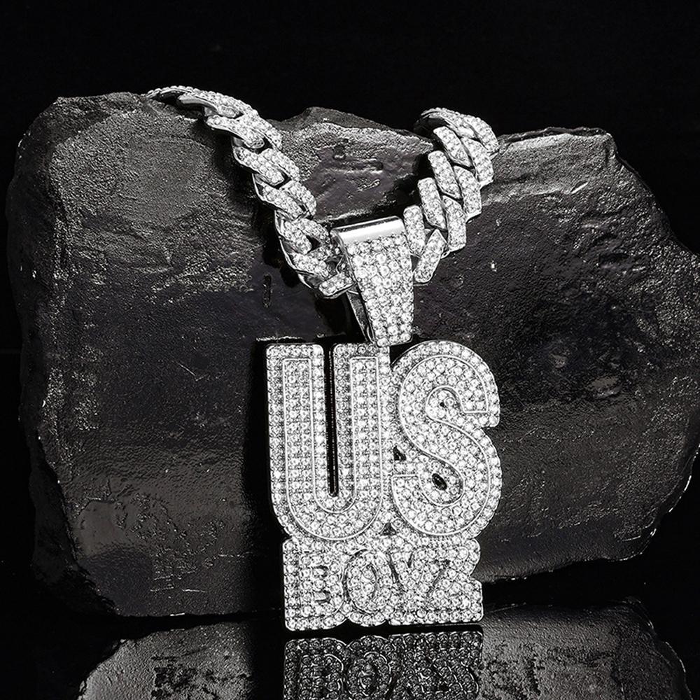 Men's Rhinestone US Boys Letter Pendant Necklace With 13mm Iced Out Bling Square Cuban Chain Charm Fashion Hip Hop Men Jewelry