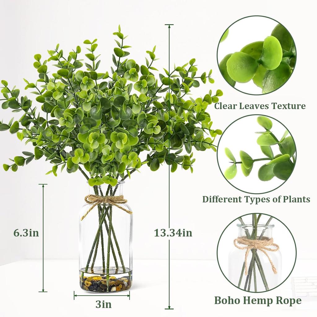 MACTING Artificial Eucalyptus Stems in Glass Vase with Faux Water Stones 14" Fake Sage Green Plants Eucalyptus Leaves for Table Centerpieces Bathroom