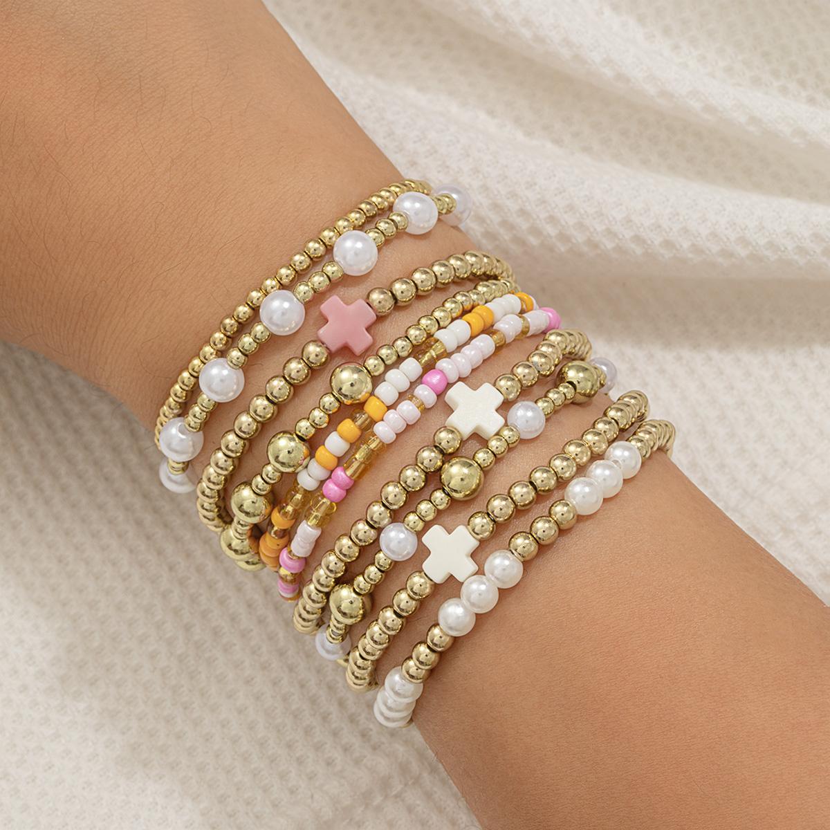 

10 Bohemian style soft ceramic cross bead bracelet, multi-layer layered pink rice bead women s bracelet bracelet set