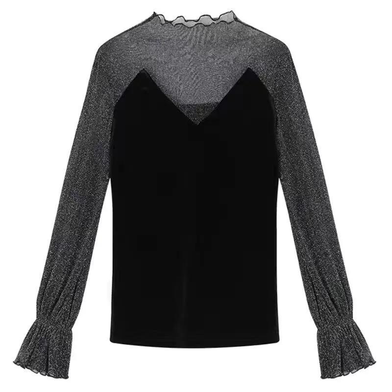 Mesh Velvet Top Spring and Autumn French Style High-end Puff Sleeves Exposed Collarbone Hollow Shirt Women