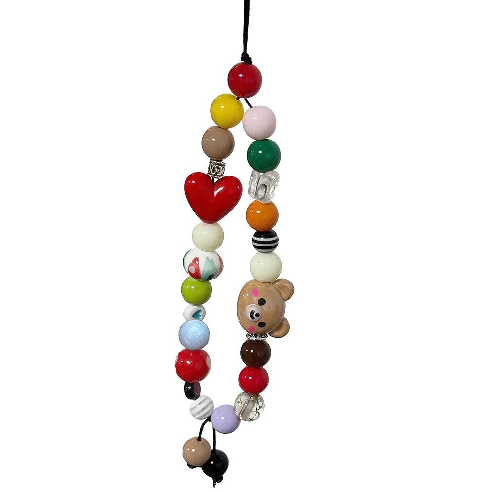 Jewelry Strap Cute Bear Colored Beaded Phone Writ Strap Charm Chain Keycord Stylish Heart For All Phone Case Car Key Camera Bag