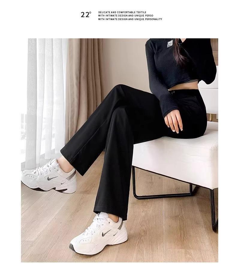 2024 Women's High-End Black Wide-Leg Spring Trousers: Drapey, High Waist, Casual, Straight-Leg Long Pants