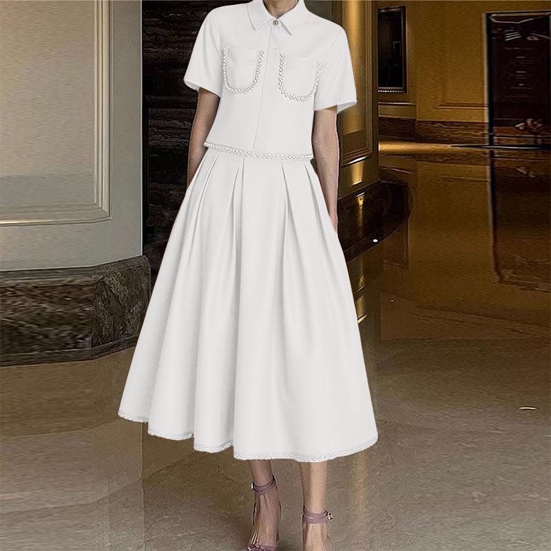 

ZANZEA Женская рубашка с коротким рукавом и юбка-трапеция, повседневный костюм из двух предметов M белый