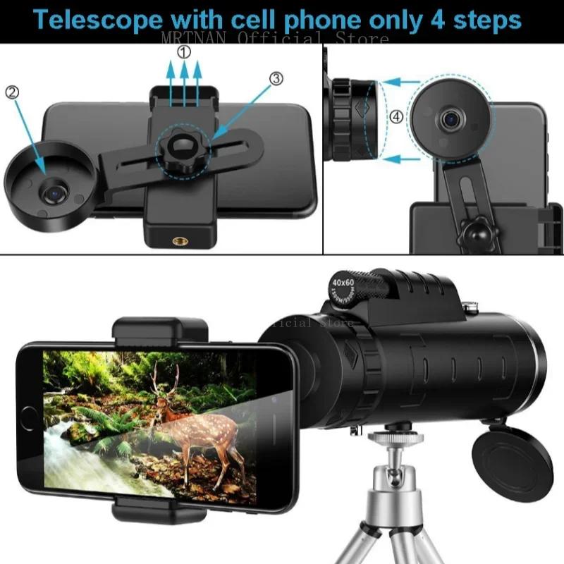 Monocular Telescope 40X60 Powerful High Definition Zoom Low Night Vision Binoculars with SmartPhone Holder For Hunting Camping