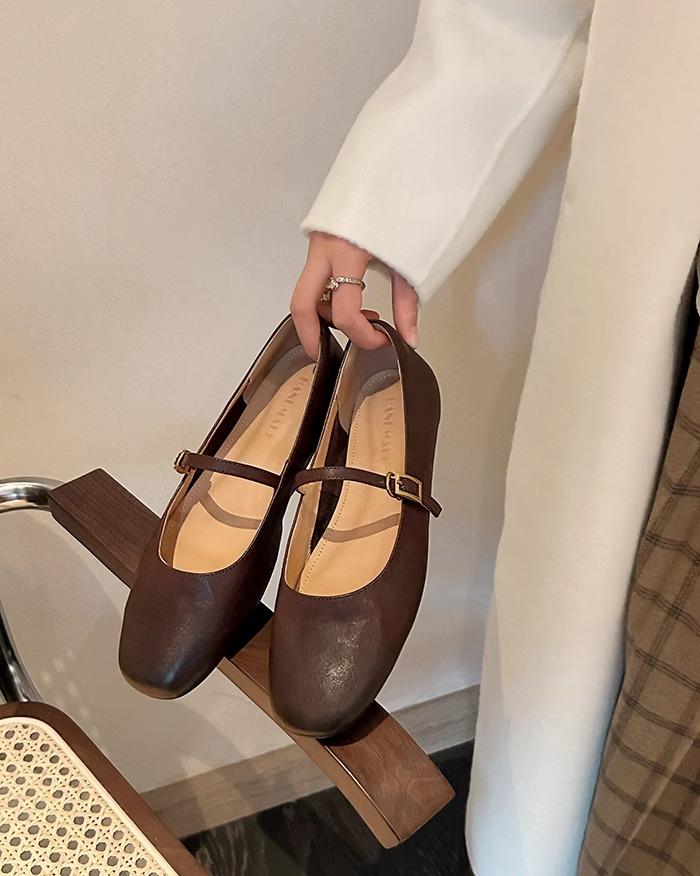 New Retro Style Square Toe Women's Mary Jane Shoes Elegant Shallow Dress Flats Leather Footwear for Ladies