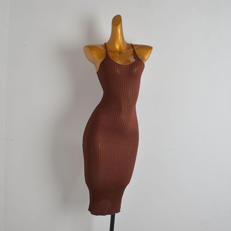 

Западный стиль Гяру Сексуальное платье-жилет с низким вырезом и утопленной полоской Вязаное платье Женская одежда Летнее Тонкое Облегающее Платье на бретелях Curry color L