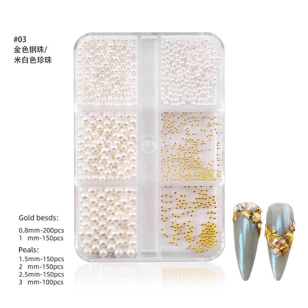 6-Grid Nail Art Pearl Ab Symphony Semicircle Abs Pearl Small Steel Ball Mixed Nail Jewelry
