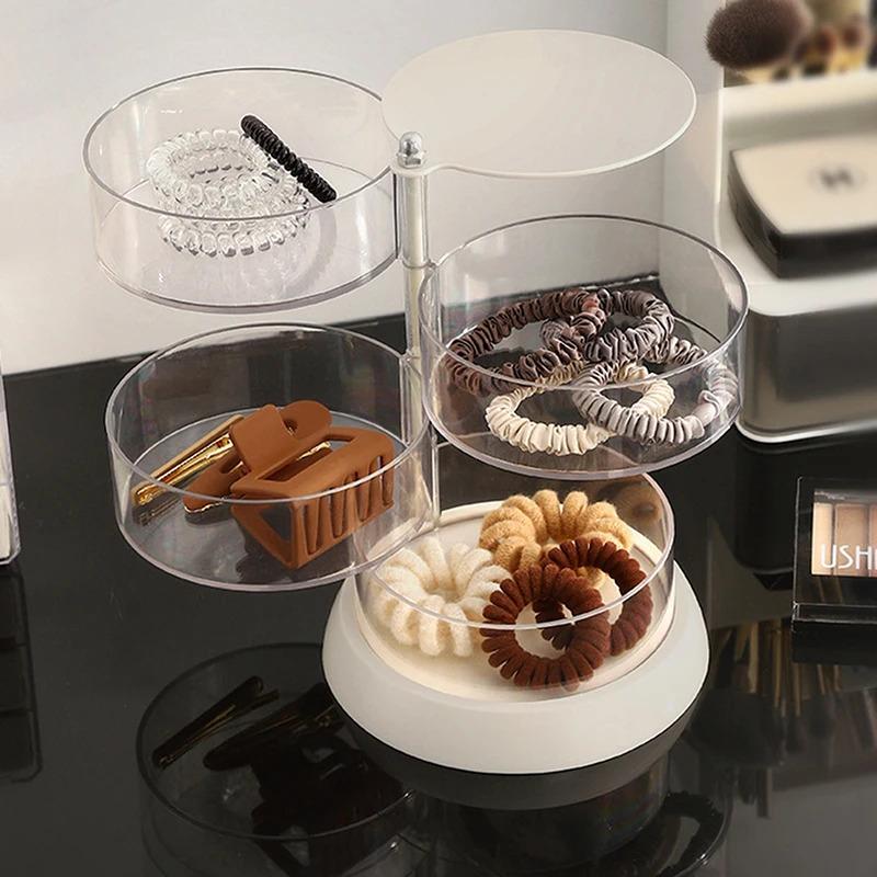 Transparent rotating jewelry organizer with multiple layers, large-sized cushion puff and beauty sponge storage rack, rotatable