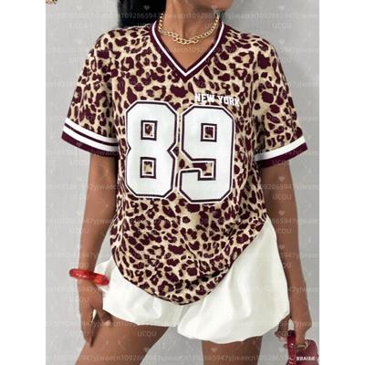 Damen NEW YORK Leopard NO.89 Print V-Ausschnitt Kurzarm T-Shirt Sommer Grafik T-Shirt Baseballtrikots Übergröße Sport T-Shirt
