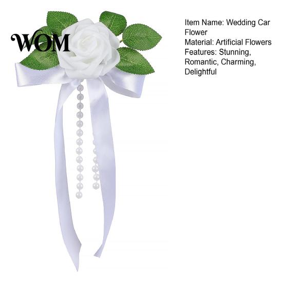 Cost Effective Wedding Decor Artificial White Rose Car Decoration, Door Handle & Rearview Mirror Flower Bouquet Decoration with Satin Ribbon