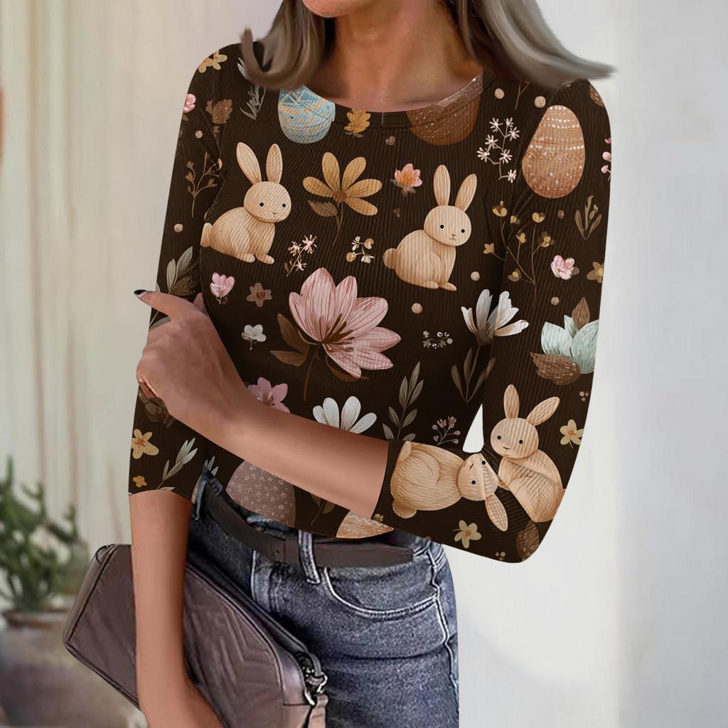 Women's Casual Fashion Round Neck Easter Print Three-Quarter Sleeve Ribbed Top