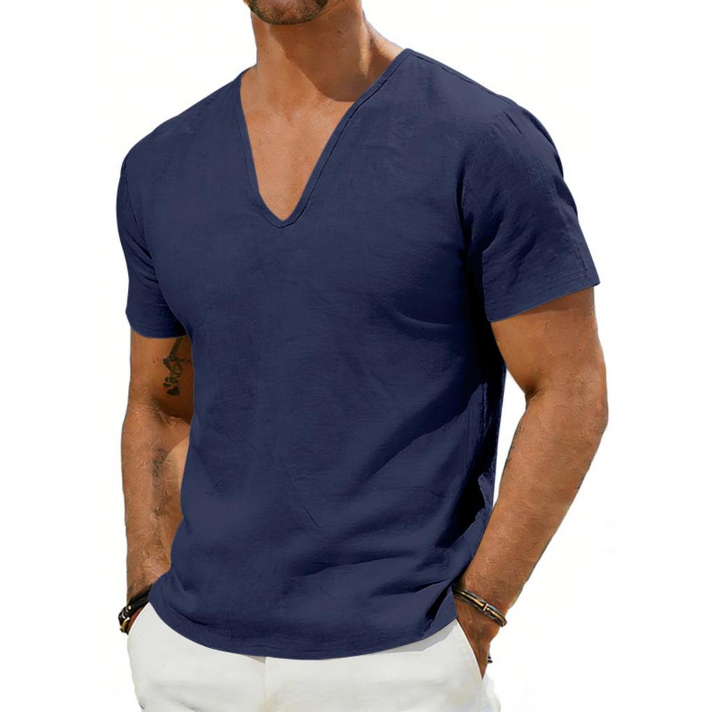 Men's New Beach Short-sleeve Casual Color Loose Deep V-neck Linen Top
