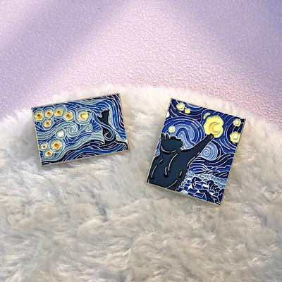 4 STÜCKE Sternennacht Katzen Emaille Pins Custom Van Gogh Ölgemälde Broschen Anstecknadeln Lustige Tierkunst Schmuck Geschenk für Freunde