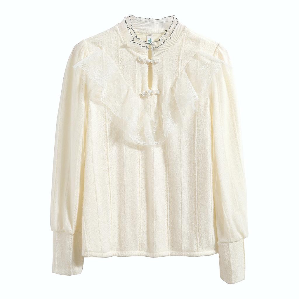 Autumn Winter Fashion New 2024 Long Sleeve Beading Stand Collar Ruffles Apricot Velvet Lace Blouse Shirt Women Tops Blouses Shirts J769