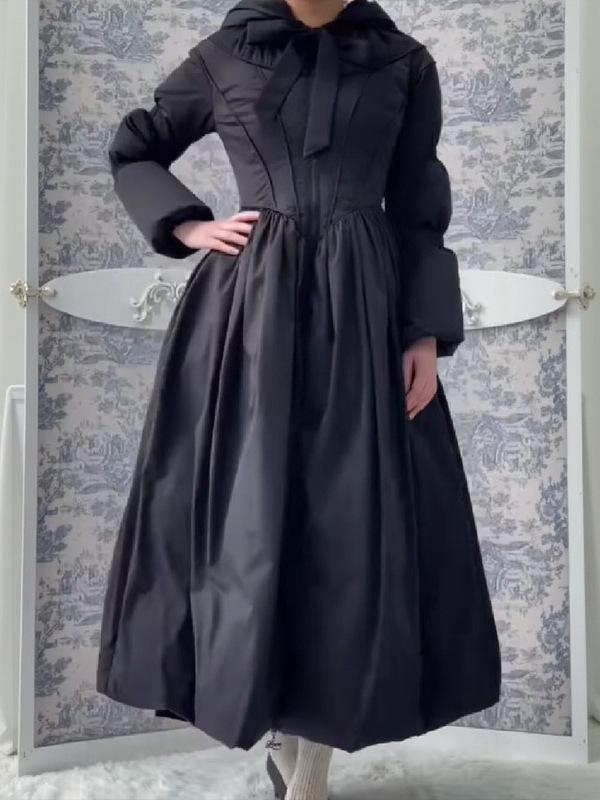 2025 Winter Hooded Waist-Cinching Long Cotton Coat for Women – Solid Color, Wide Hem, In Stock