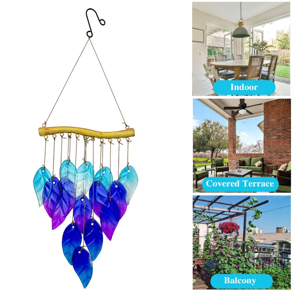 Glass Sheets Wind Chime Blue Glass Fish Wind Chime for Outdoor Garden Patio Decor Weather-proof Stained Glass Leaf Hanging Bell