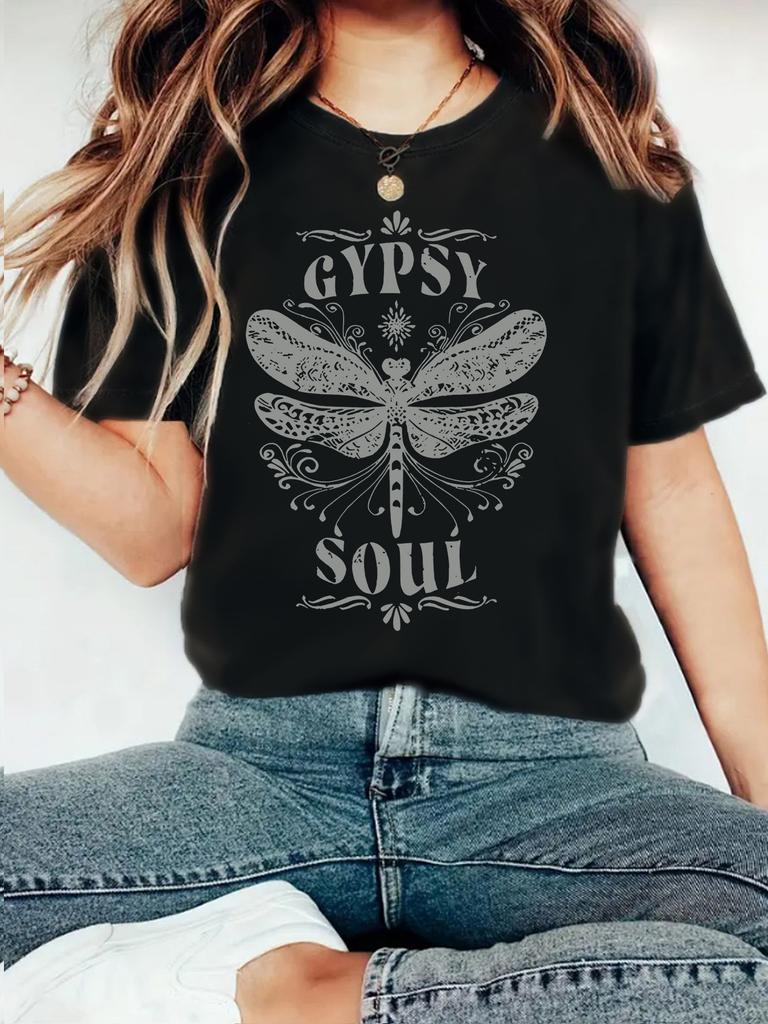 Women's New Cute Printed Short Sleeve Dragonfly Printed Round Neck Loose Short Sleeve