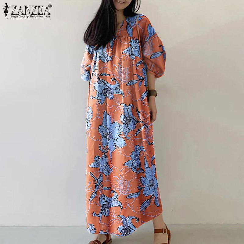 ZANZEA Women Summer V-Neck 3/4 Sleeve Loose Casual Print Dress